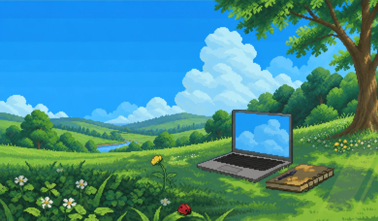 Pixel-art meadow with an illustrative store dashboard in the laptop. Metrics are demo data.